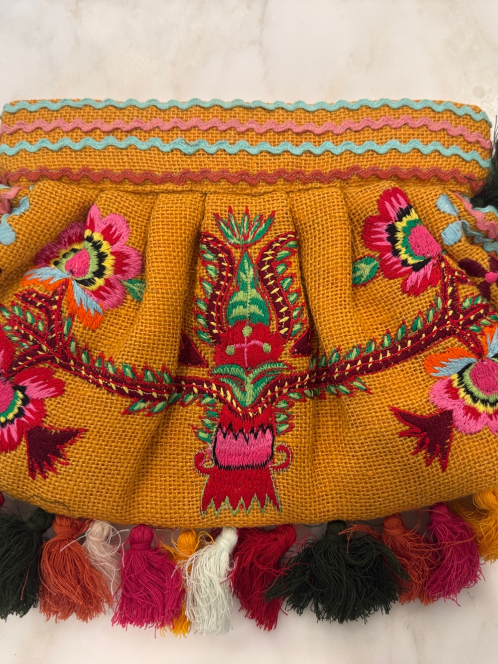 Moyna Mustard Embroidered Floral Tassel Clutch